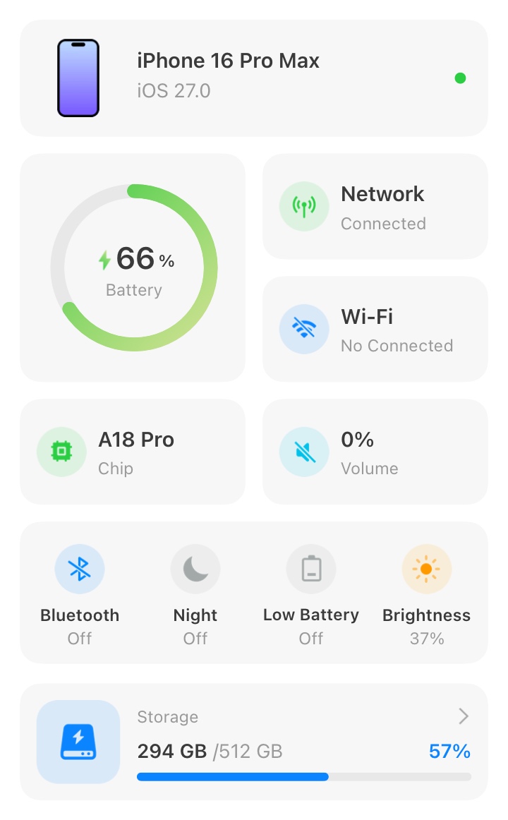 iOS 27 设备状态面板 widget for iPhone